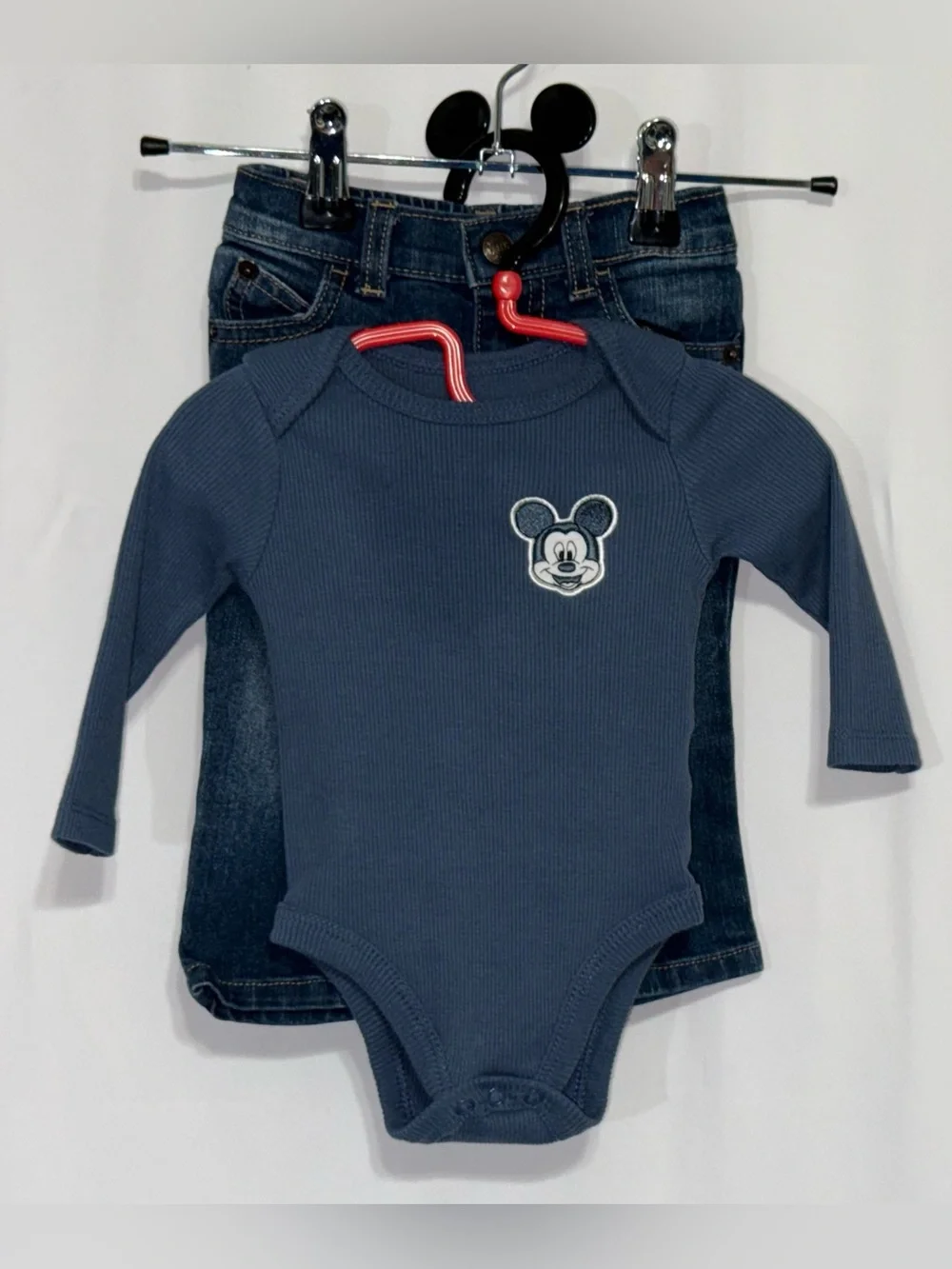 Disney Baby 6/12M Mickey Mouse Baby Boy’s 2-Piece Ribbed Bodysuit & Jeans Set